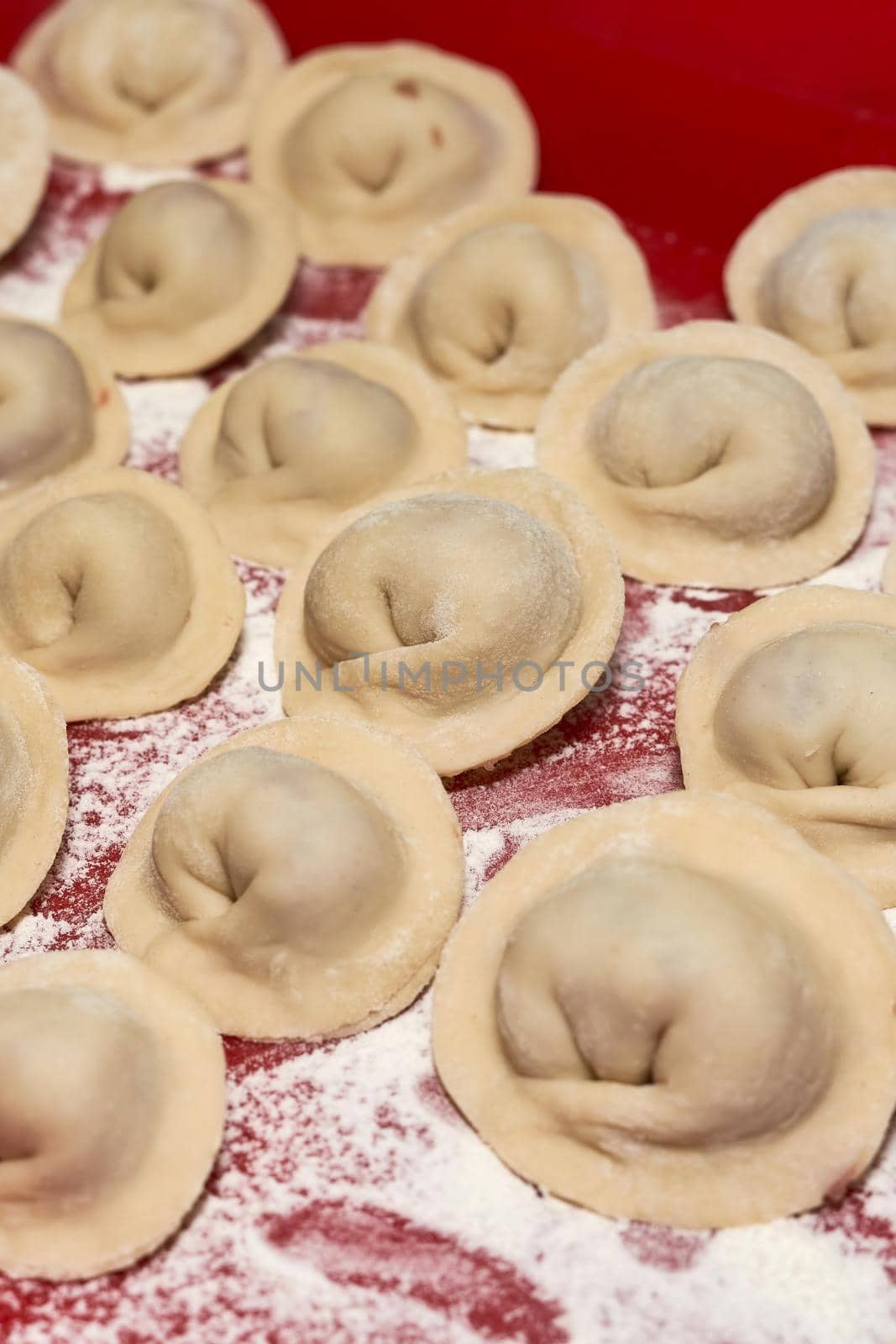 Raw meat dumplings on a red background. Close up, vertical shot