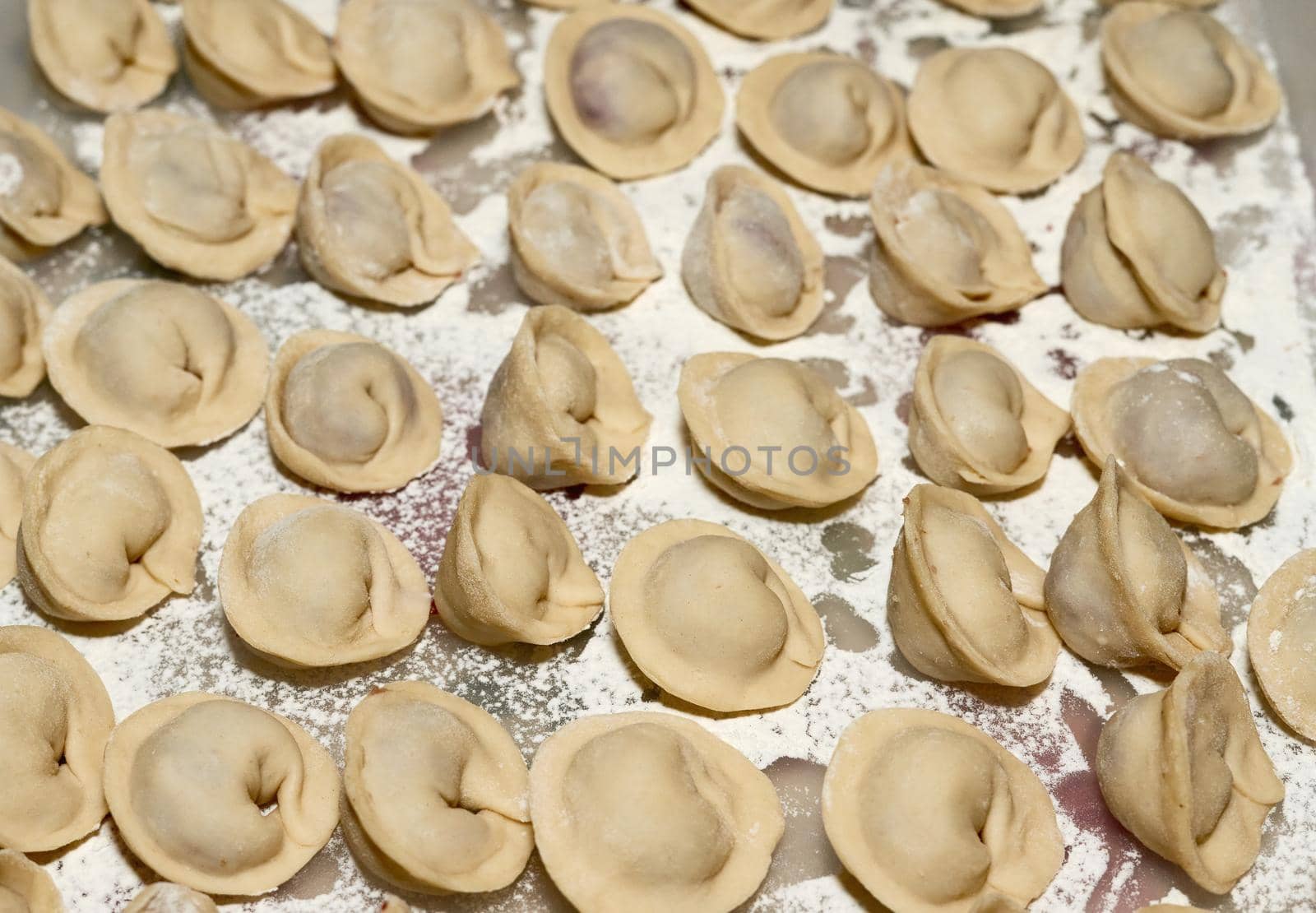 Raw dumplings with meat on the table sprinkled with white flour