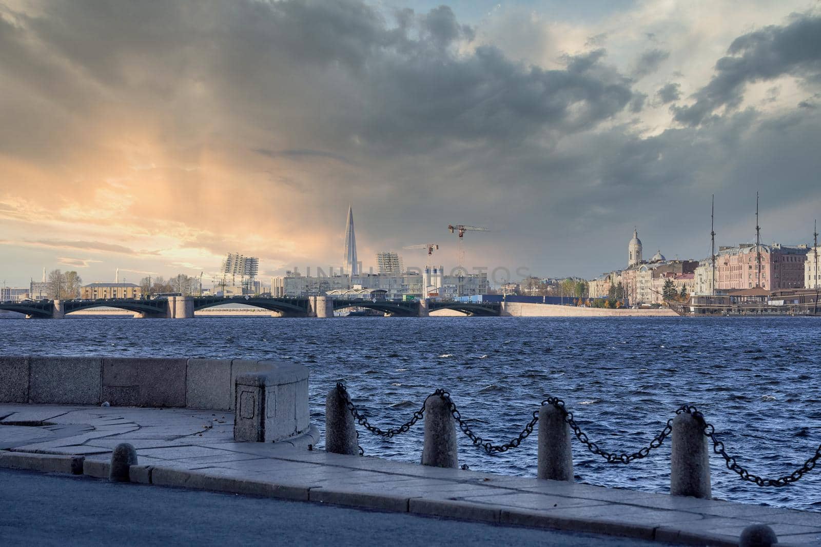 Palace Bridge on the Neva. Russia, St. Petersburg cityscape against the blue sky