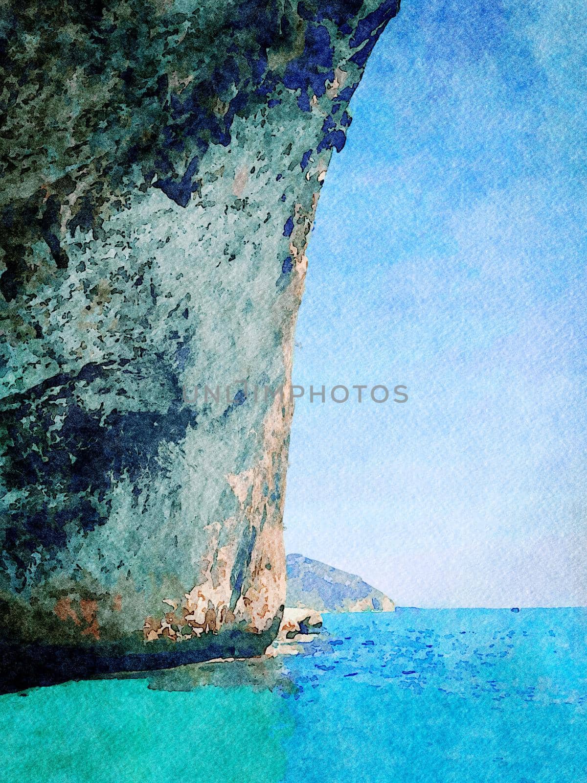 A glimpse of a huge overhanging rock in Sardinia in summer. Digital watercolors painting.