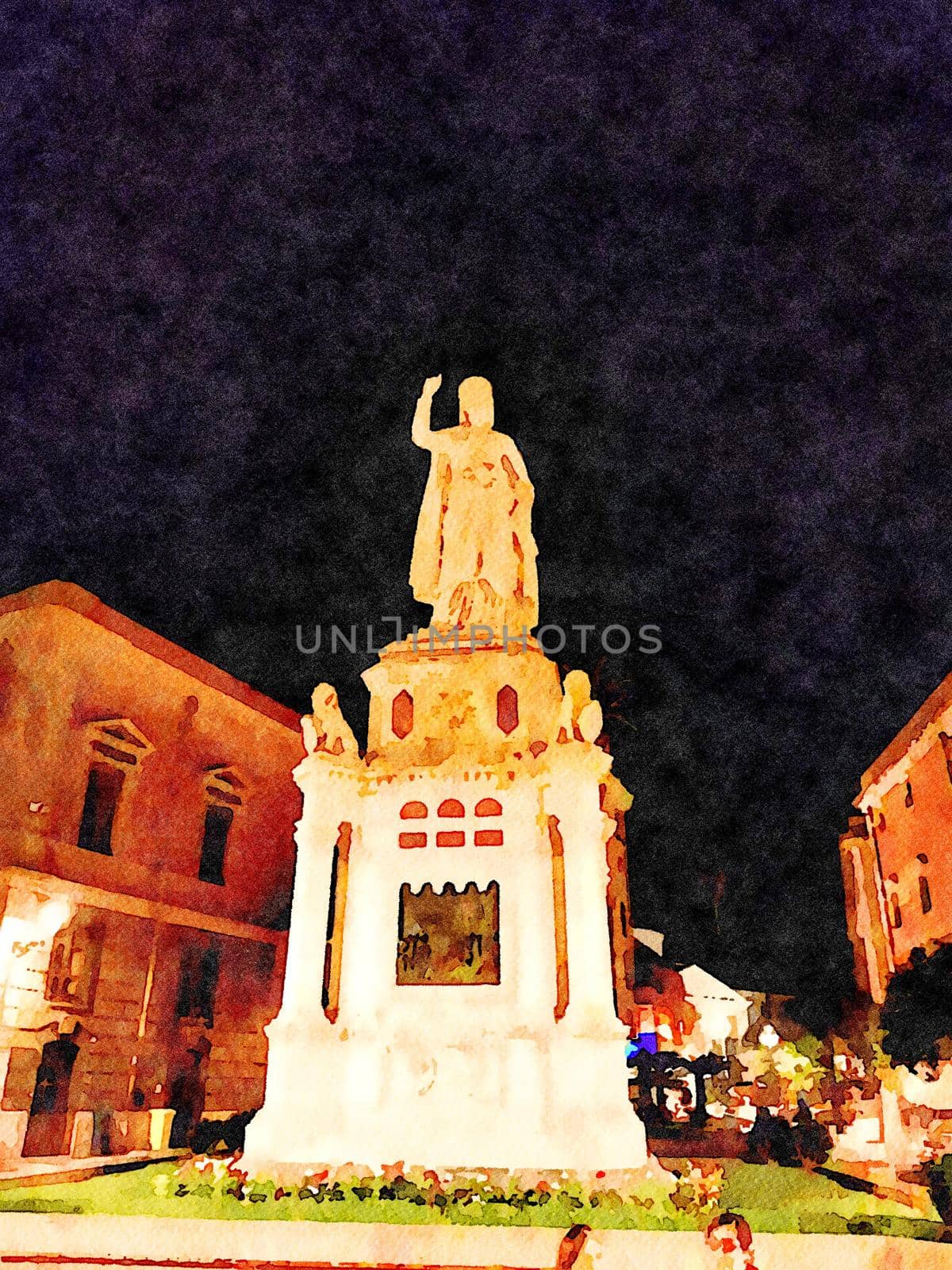 The statue in one of the squares of Oristano a town in Sardinia in Italy. Digital color painting.