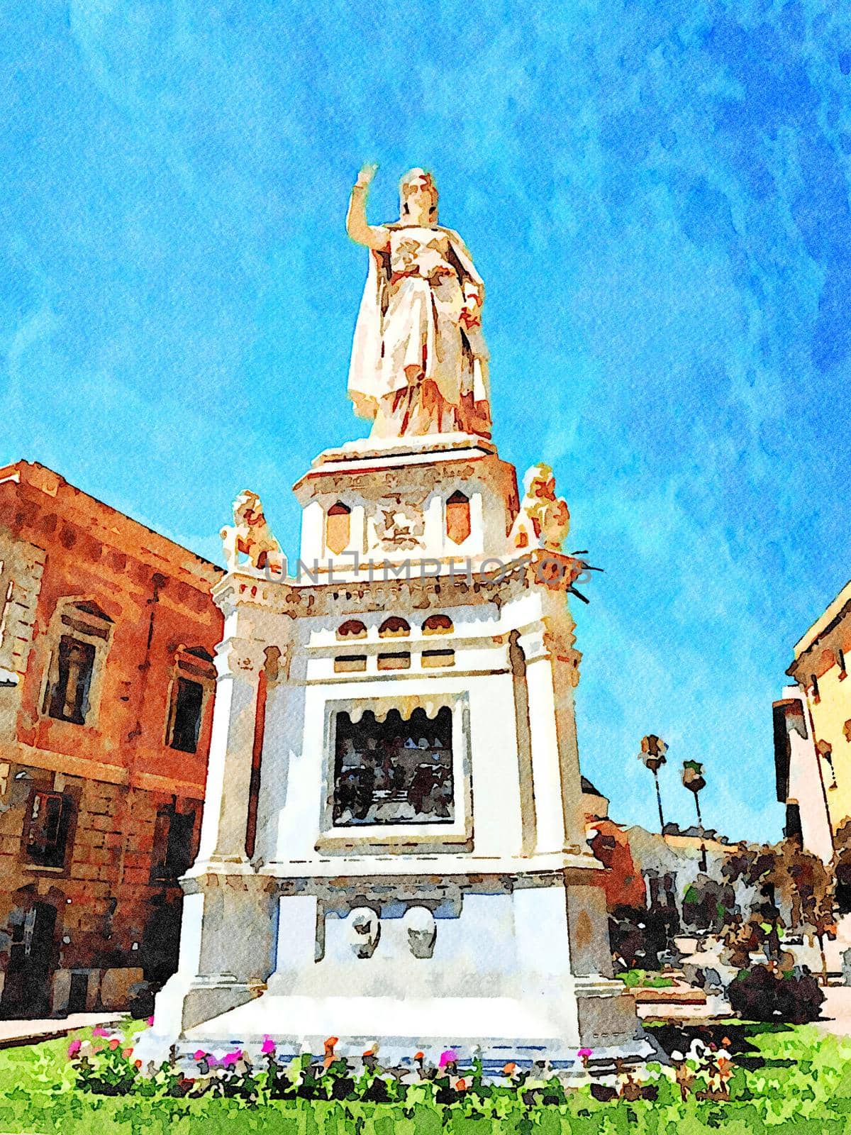 The statue in one of the squares of Oristano a town in Sardinia in Italy. Digital color painting.