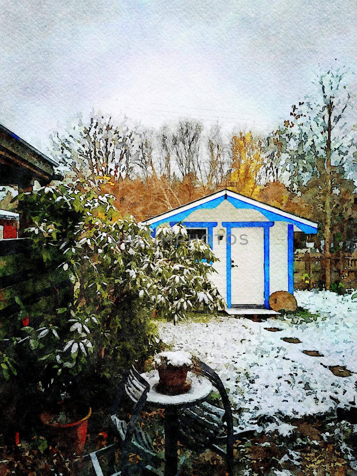 Digital watercolor painting style of a small blue and white wooden hut after a snowfall in northern Scandinavia