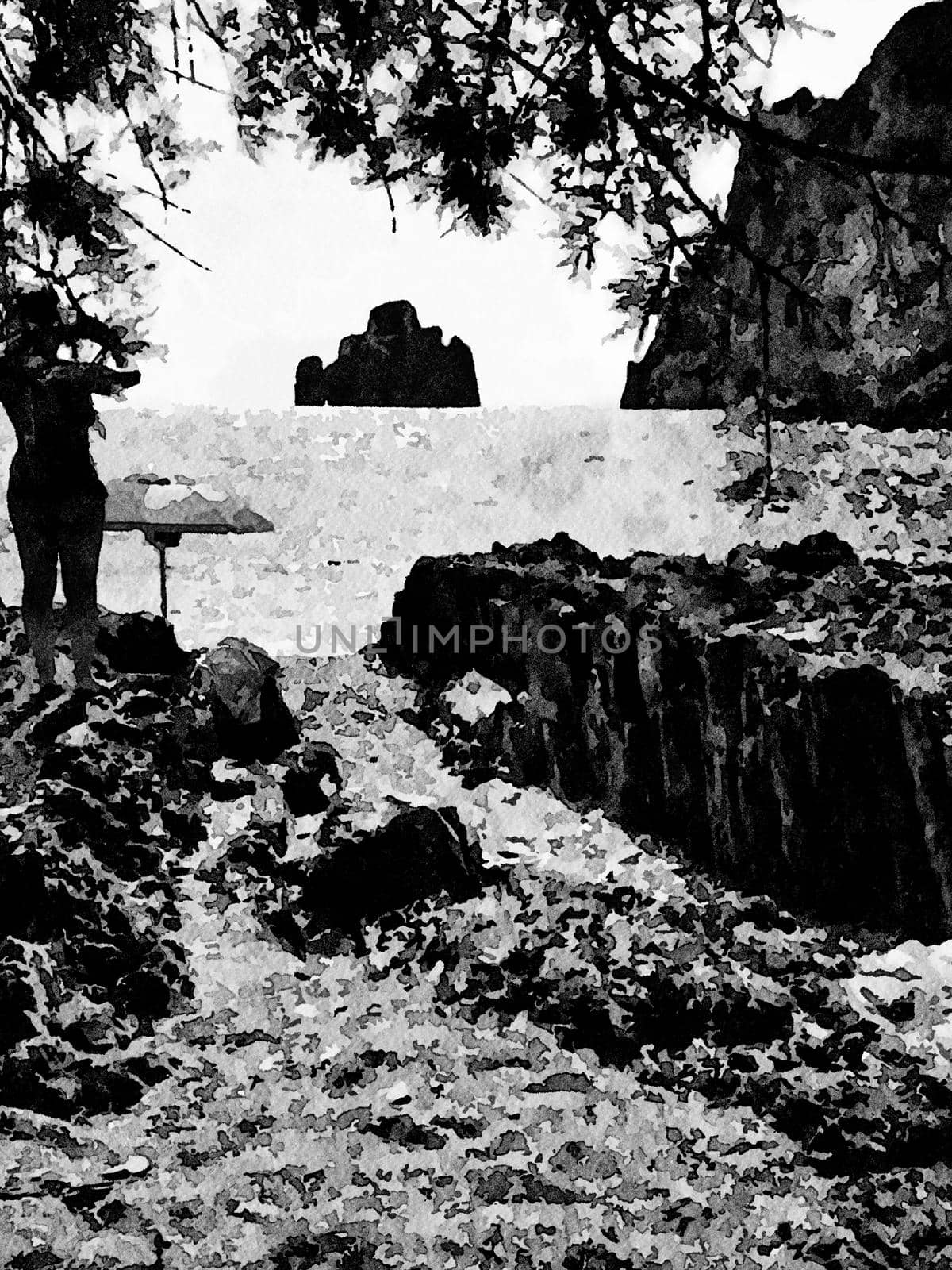 The silhouette of a young woman photographing the sea and an islet from the beach. Digital black and white painting.