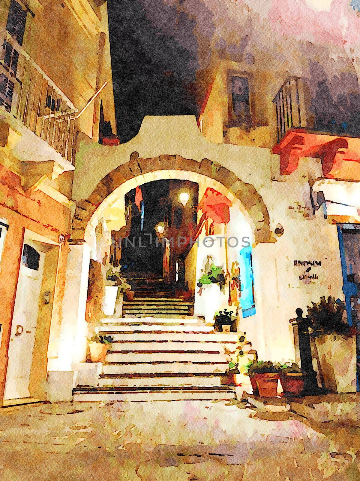 An arch in the historic center of a small town in Sardinia one evening in Italy. Digital color painting.