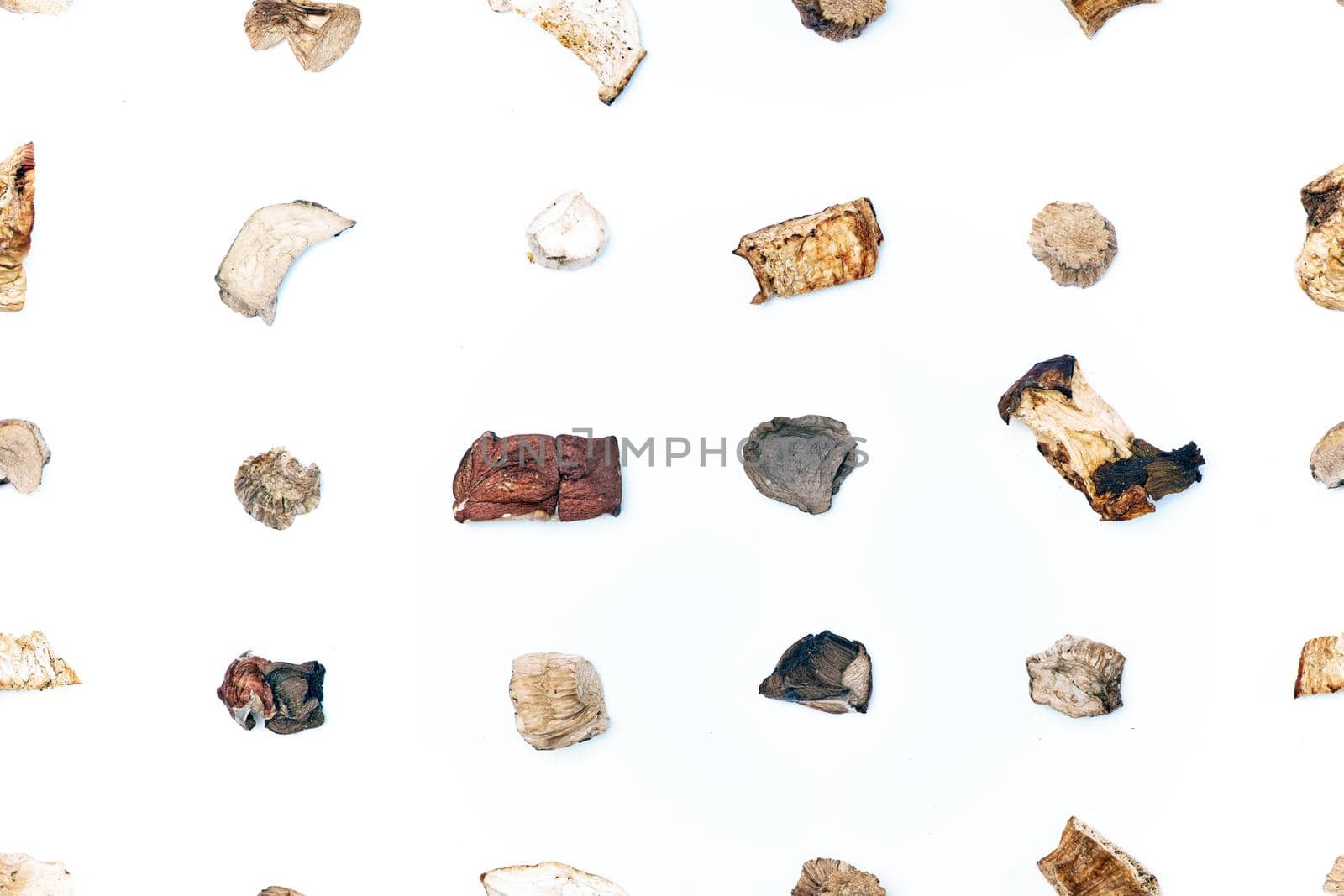 A pattern of pieces of dried mushrooms scattered with lines on a light background. View from 