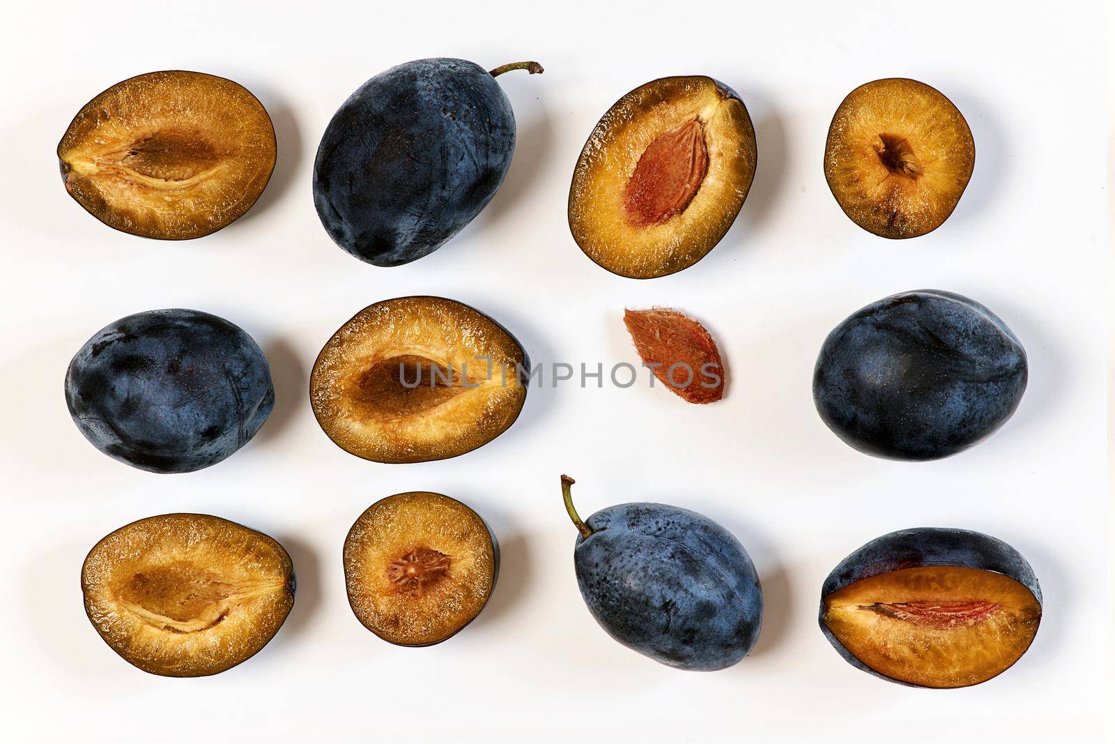 Plums spread in lines on a white background in various forms by vizland