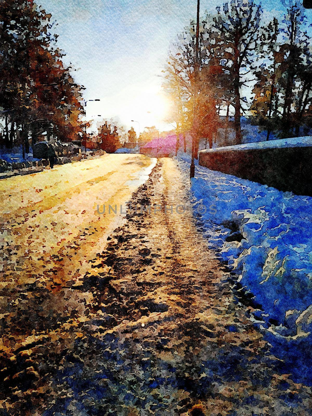 Digital watercolor painting style of a snowy road at sunset in northern Scandinavia