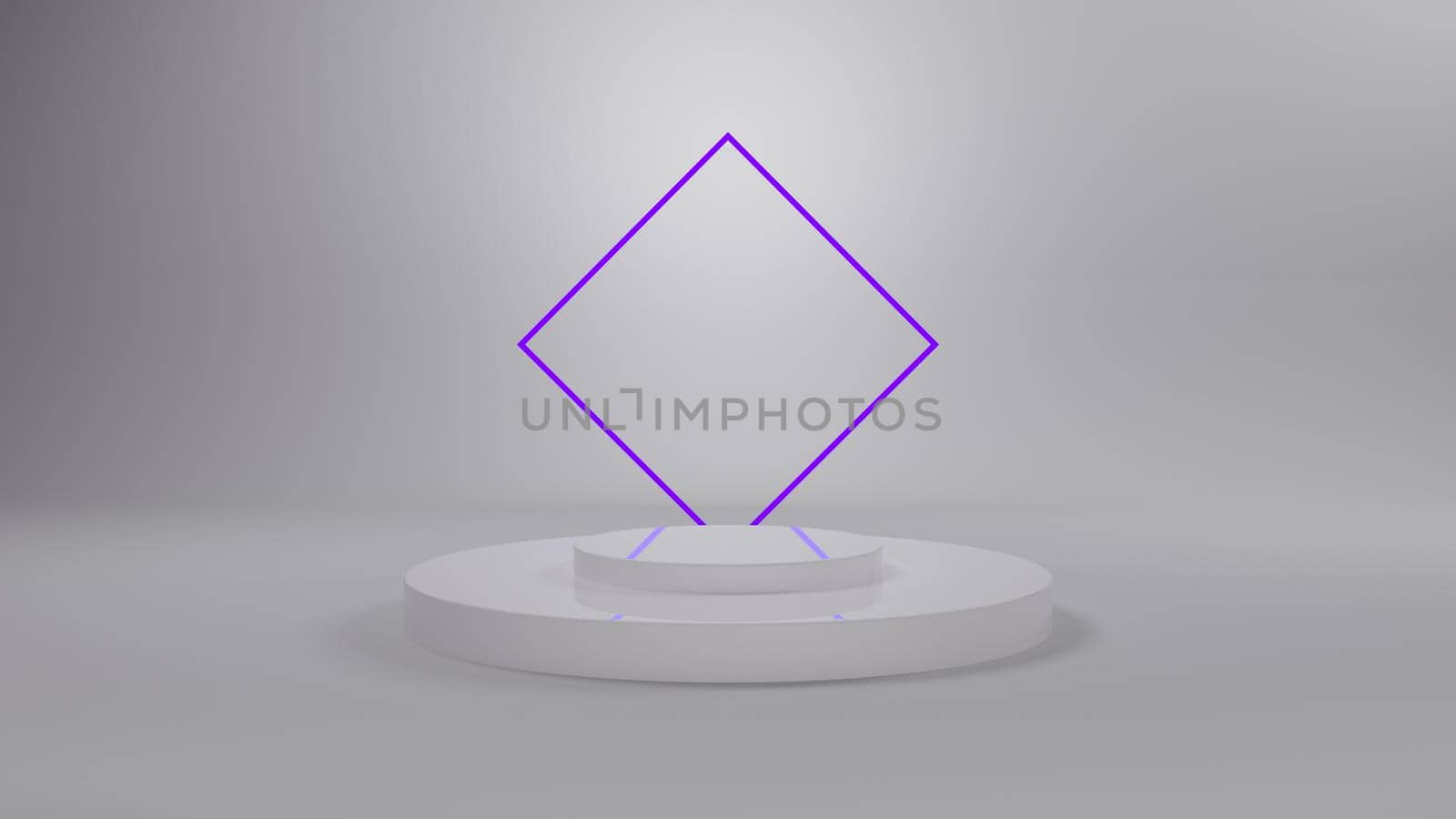 White 3D Podium with blue neon light for packaging presentation. Product display with white plastic textures. 3d illustration by egrostr