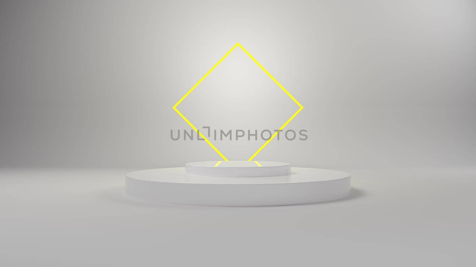 White 3D Podium with yellow neon light for packaging presentation. Product display with white plastic textures. 3d illustration by egrostr