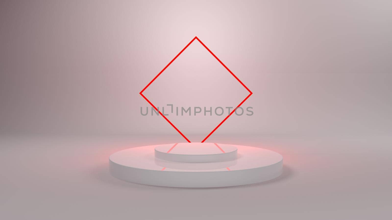 White 3D Podium with red neon light for packaging presentation. Product display with white plastic textures. 3d illustration. 