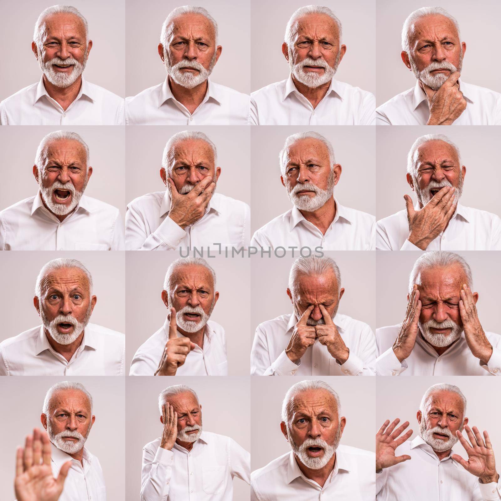 Collage of senior man portraits with variety of facial expressions.