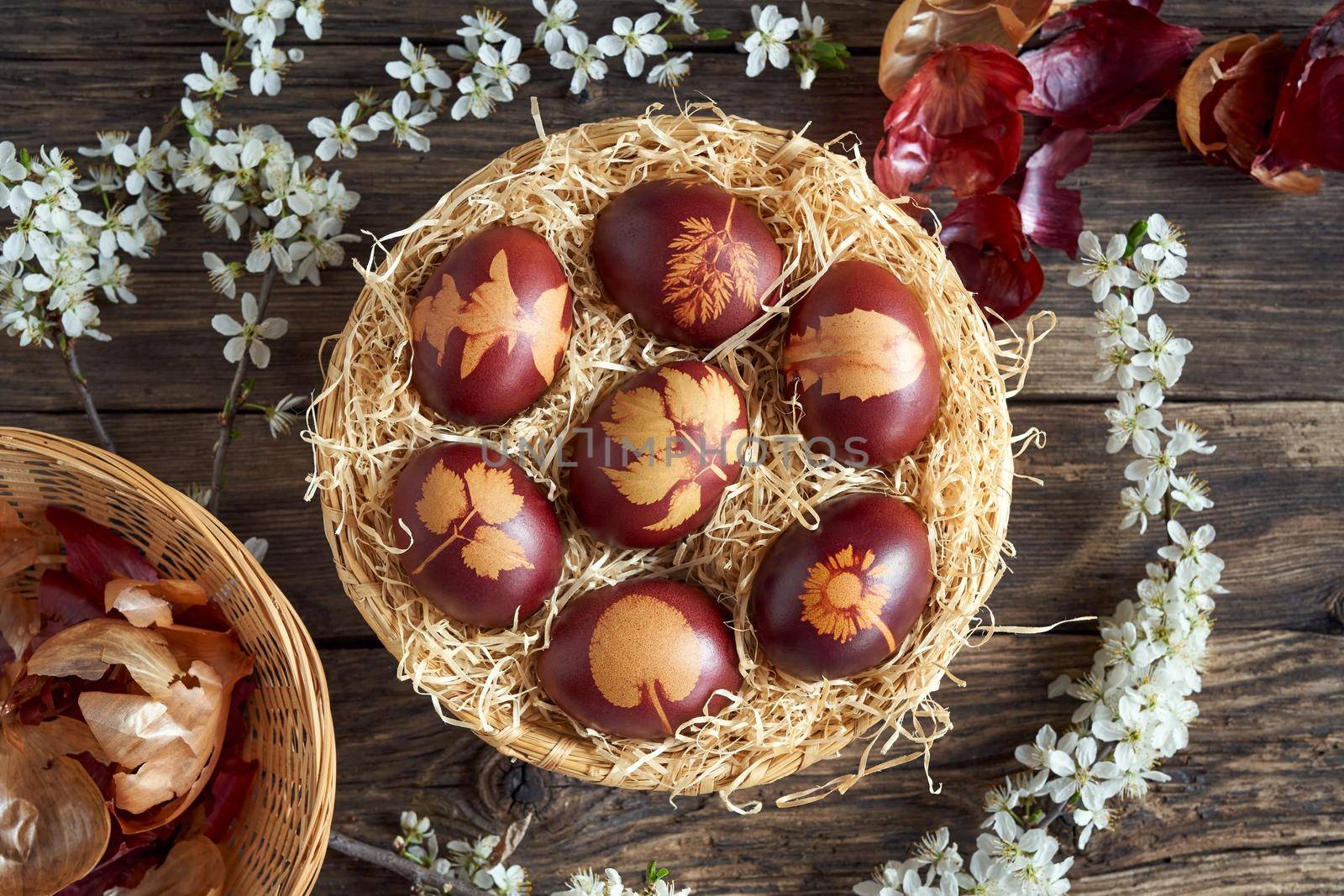 Easter eggs dyed with onion peels in a basket with spring flowers, top view