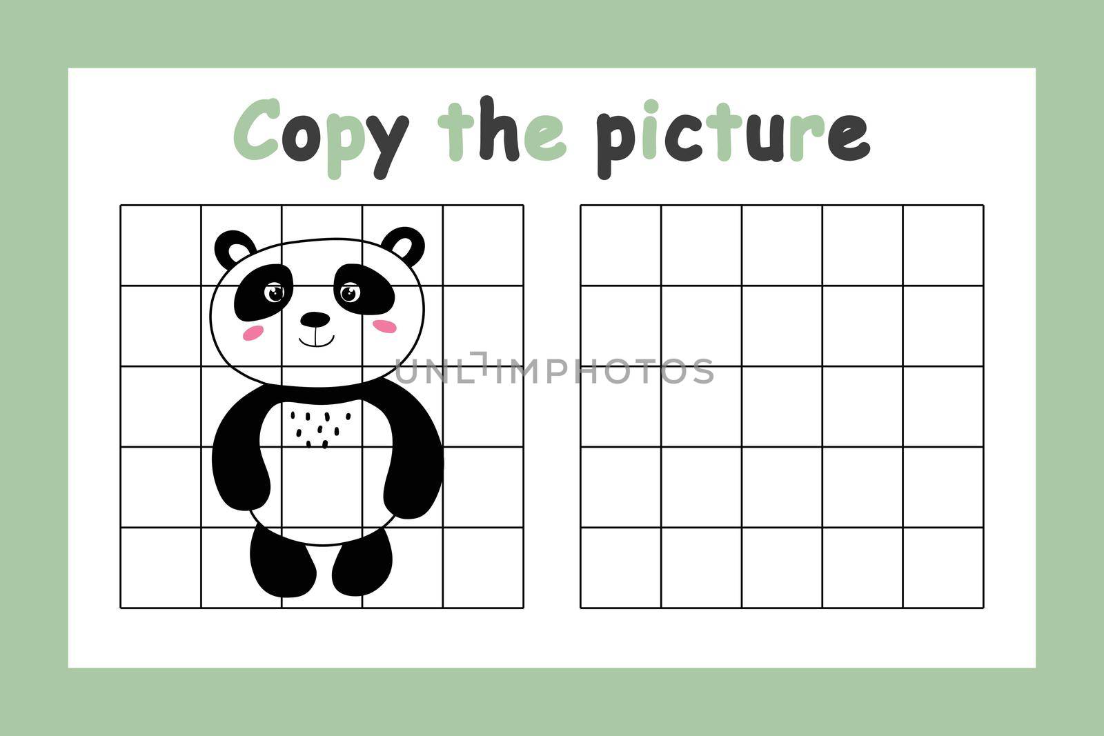 Copy the picture. Educational game for children. Cute panda, bear. Drawing activity for kids. Colorful vector illustration.