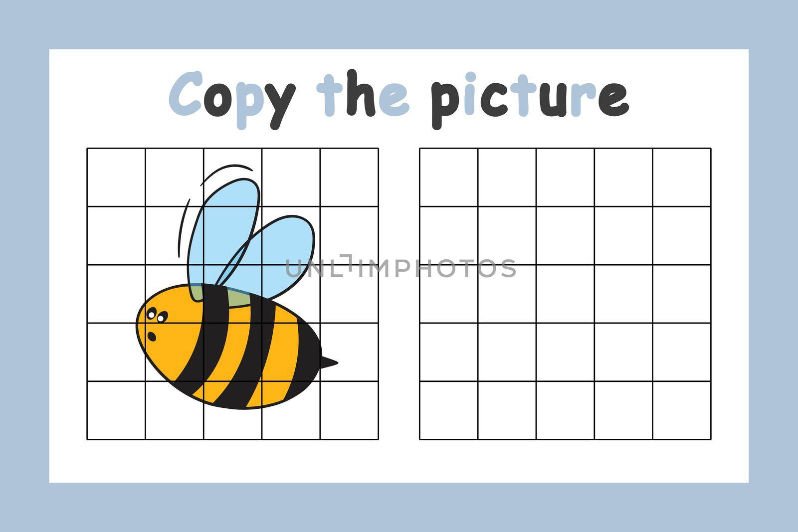 Copy the picture. Educational game for children. Cute bee, wasp. Drawing activity for kids. Colorful vector illustration.