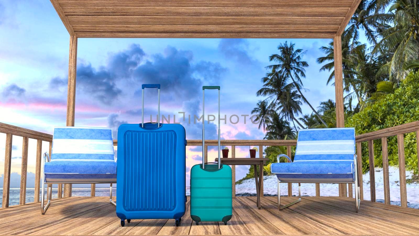 Two empty chairs, table, and baggage on the beach with view on sea sunset - 3d rendering
