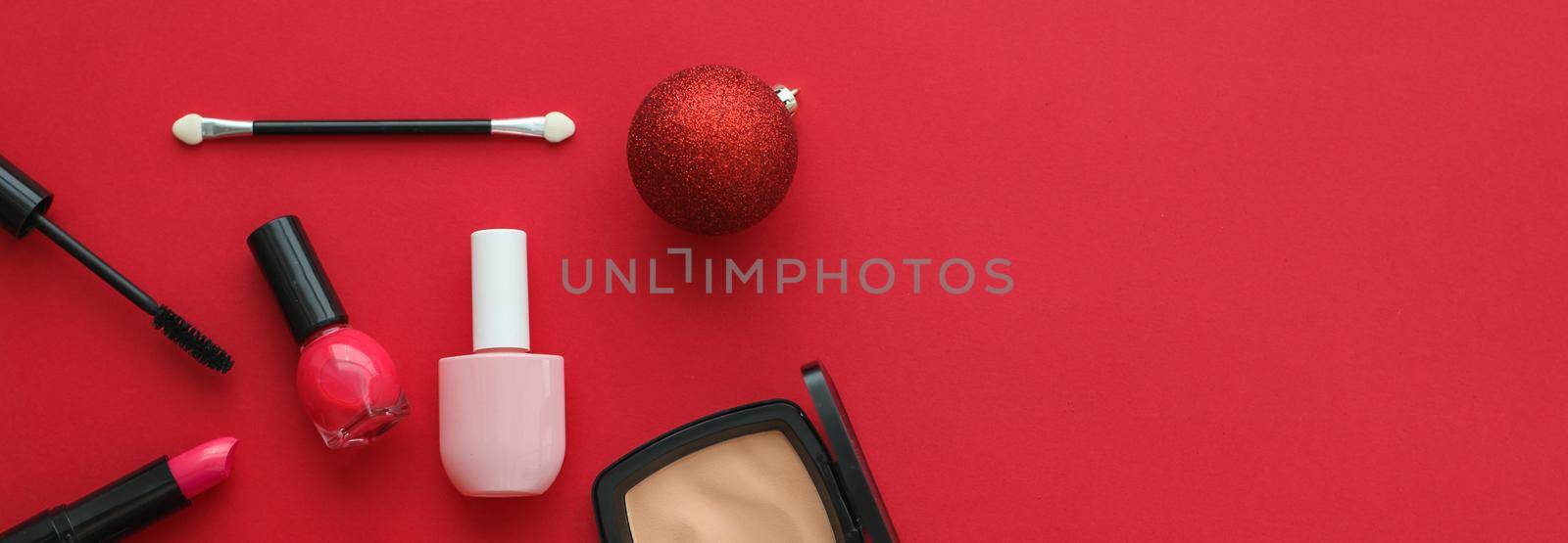 Cosmetic branding, fashion blog cover and girly glamour concept - Make-up and cosmetics product set for beauty brand Christmas sale promotion, luxury red flatlay background as holiday design