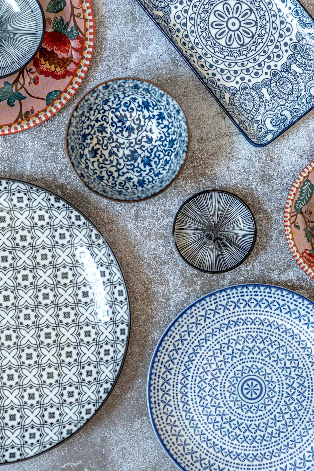 Beautiful traditional Moorish porcelain ceramic plates. illustrated middle eastern design. Marrakech Morocco. High quality photo