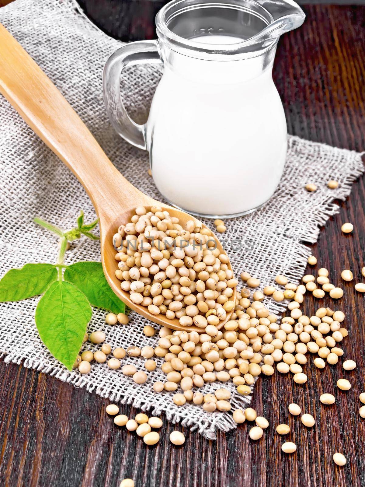 Soy beans in a spoon, milk in a jug and a green leaf on burlap on dark wooden board background