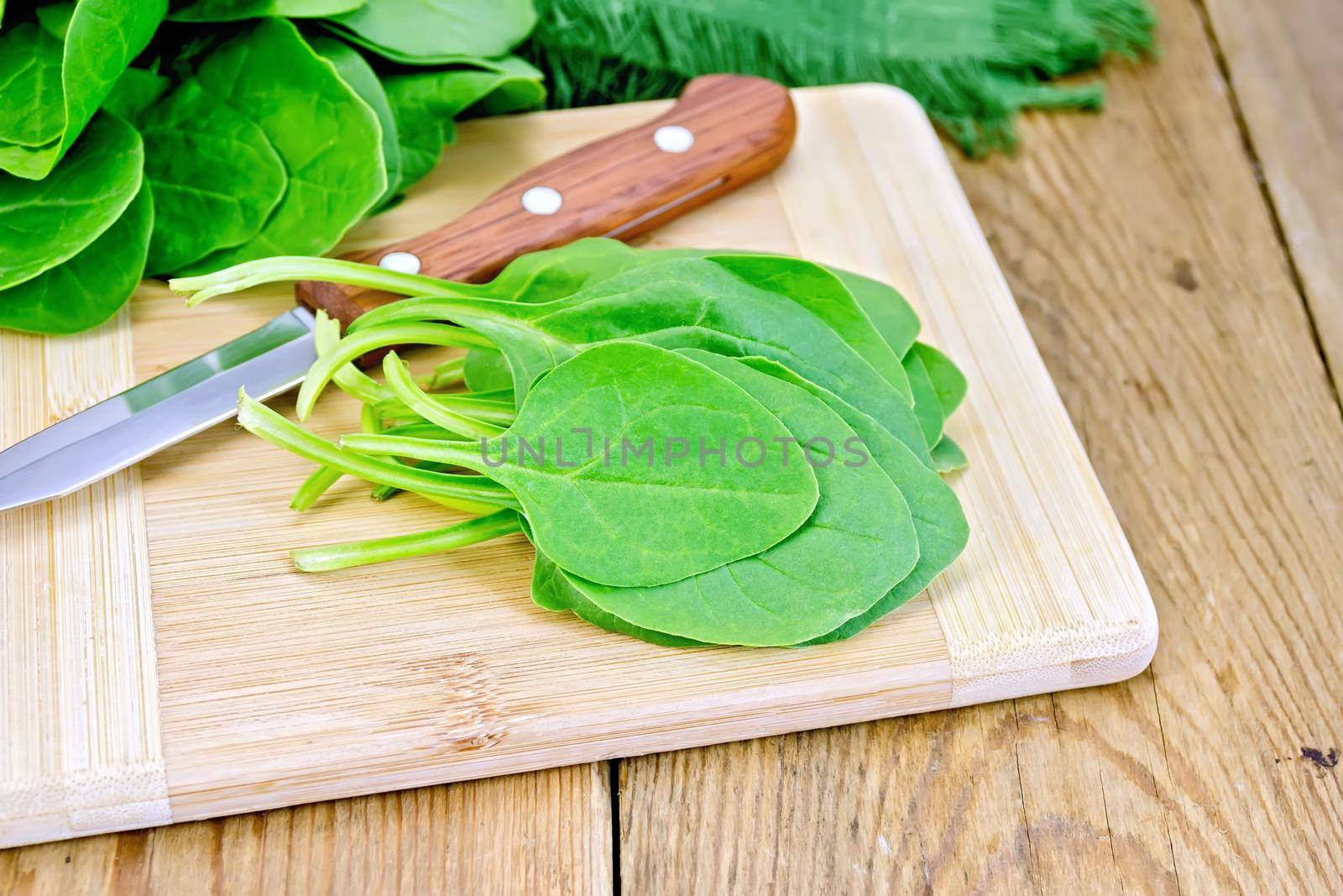 Green spinach, knife and napkin on a wooden boards background
