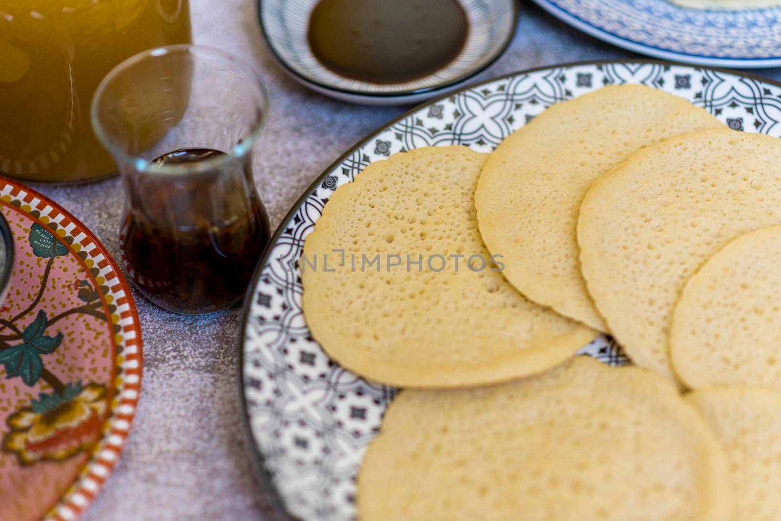 Beautiful traditional Moorish porcelain ceramic plates. illustrated middle eastern design. Marrakech Morocco. High quality photo