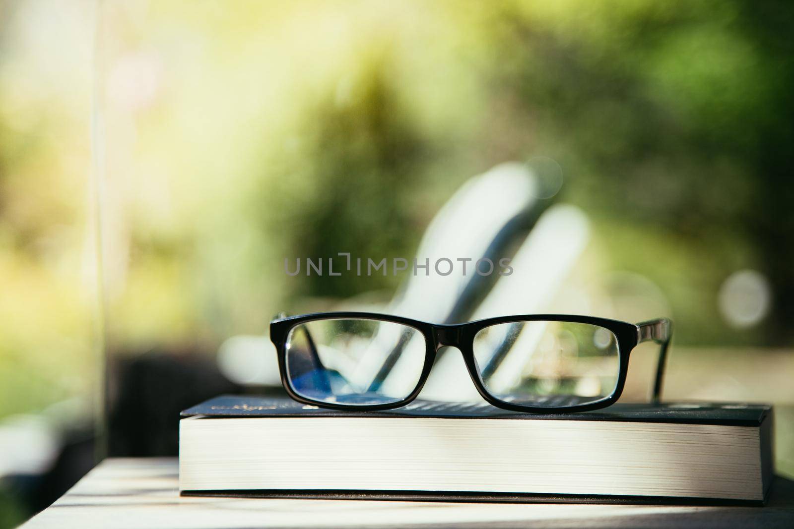 Black glasses and book outdoors in the park, summer time