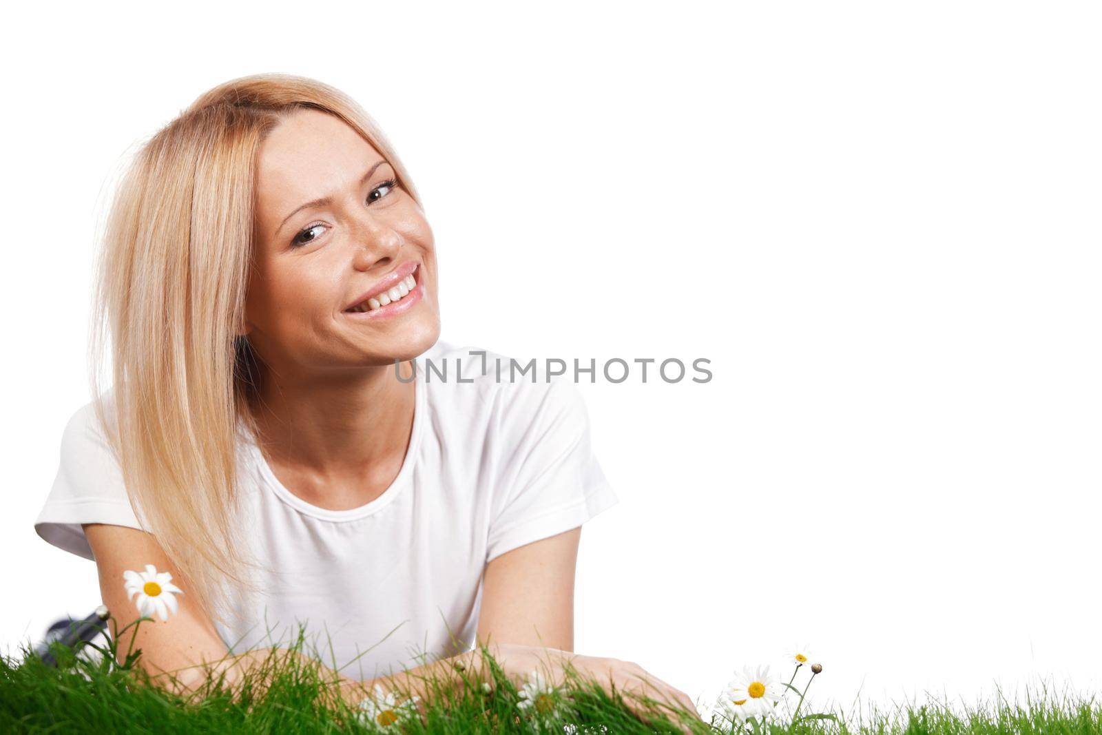 Woman on grass with flowers by Yellowj