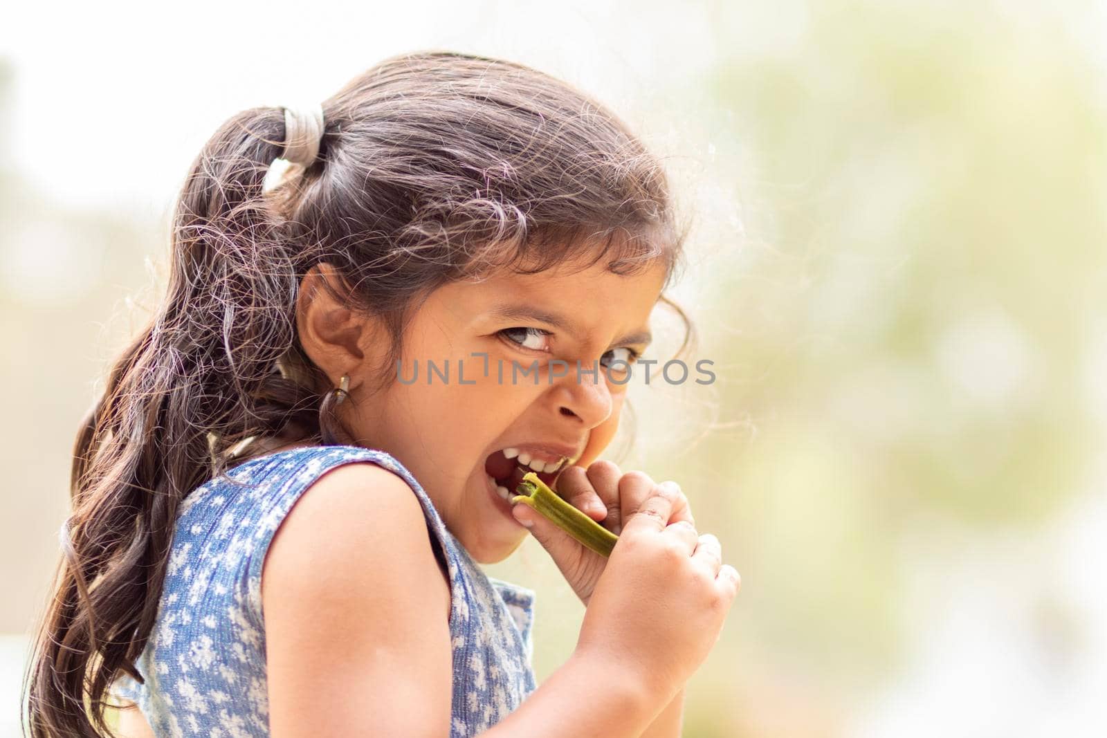 Little girl biting a fruit in the field