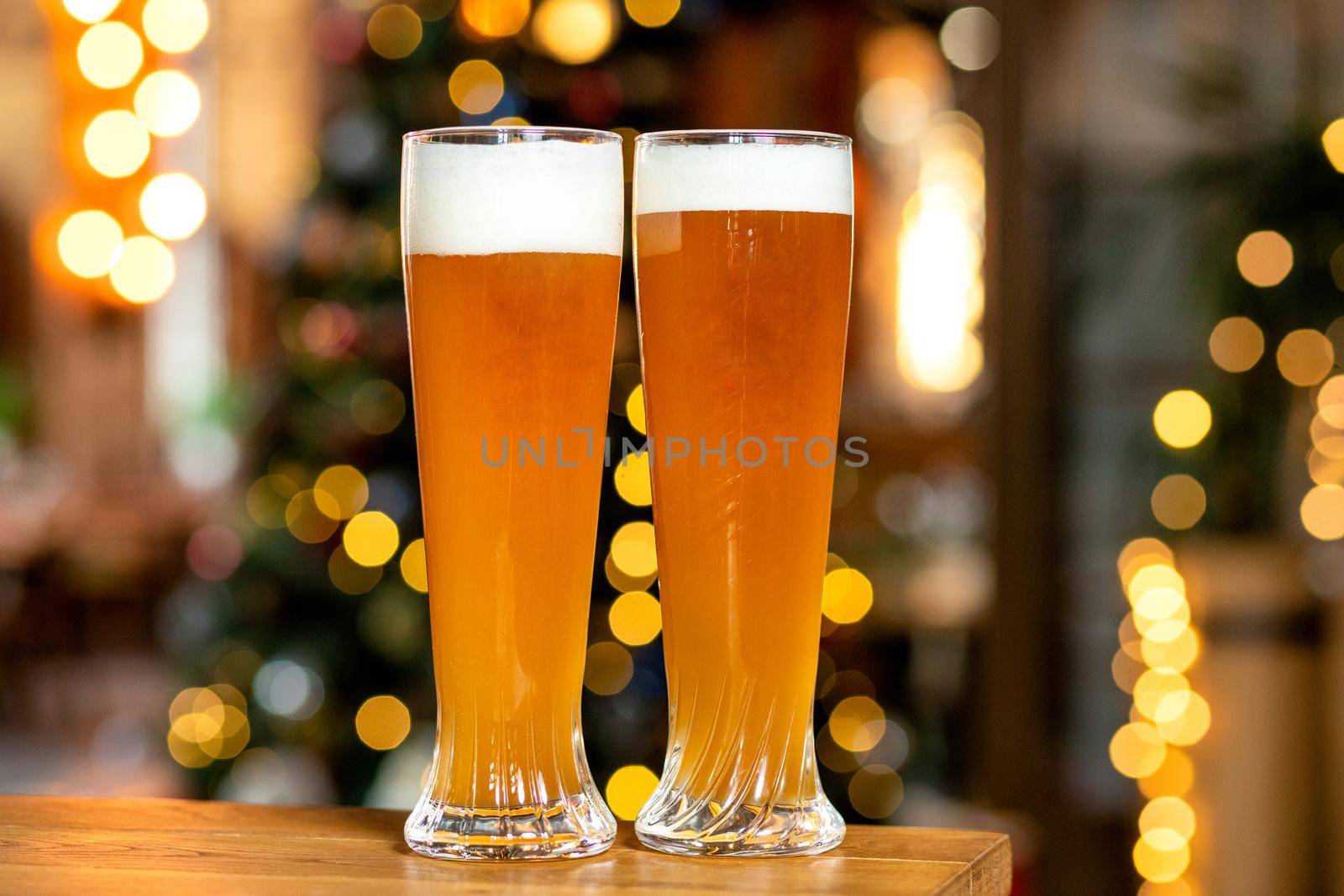 Two beer mug, glass with bokeh background