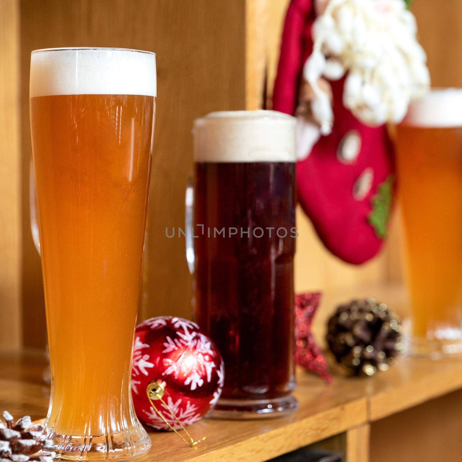 White and dark beer drink glasses, mugs with christmas, new year toys, decorations, gifts by ferhad