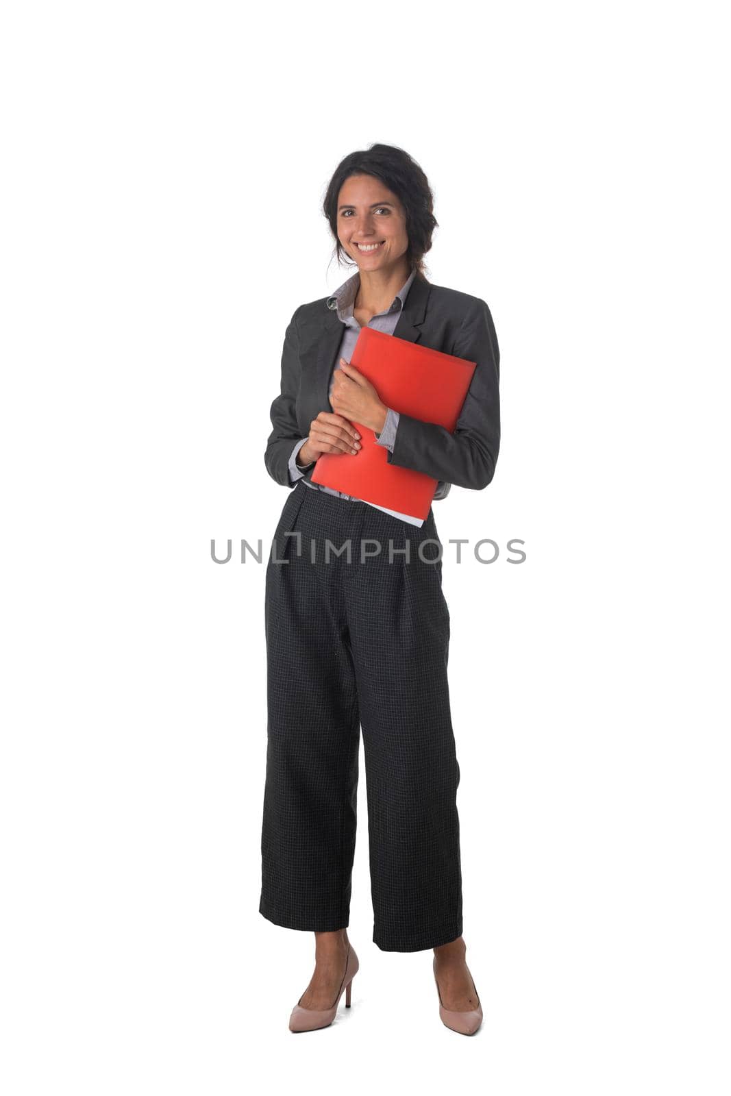 Full length portrait of young business woman with red document folder studio isolated on white background