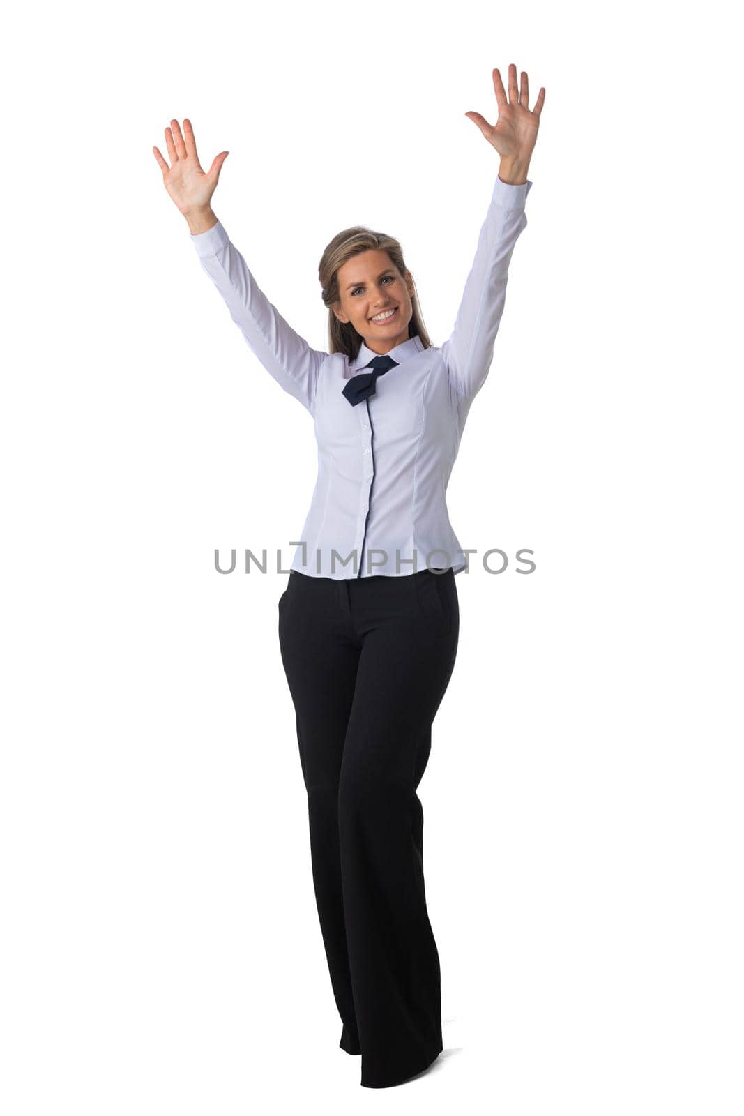 Full length portrait of young business woman with arms raised studio isolated on white background, business people