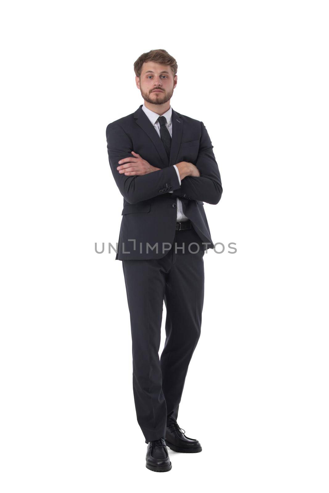 Full length portrait of business man isolated on white background, business people