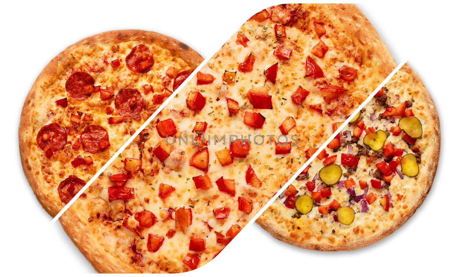 Cut into slices delicious fresh pizza with pepperoni on a white background. Top view . Pizza on the white table. High quality photo