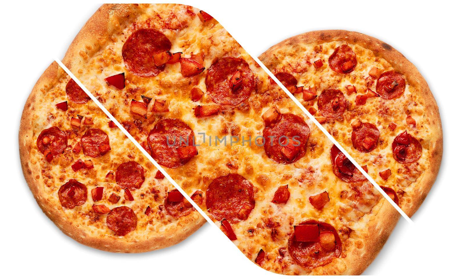 Cut into slices delicious fresh pizza with pepperoni on a white background. Top view . Pizza on the white table. High quality photo
