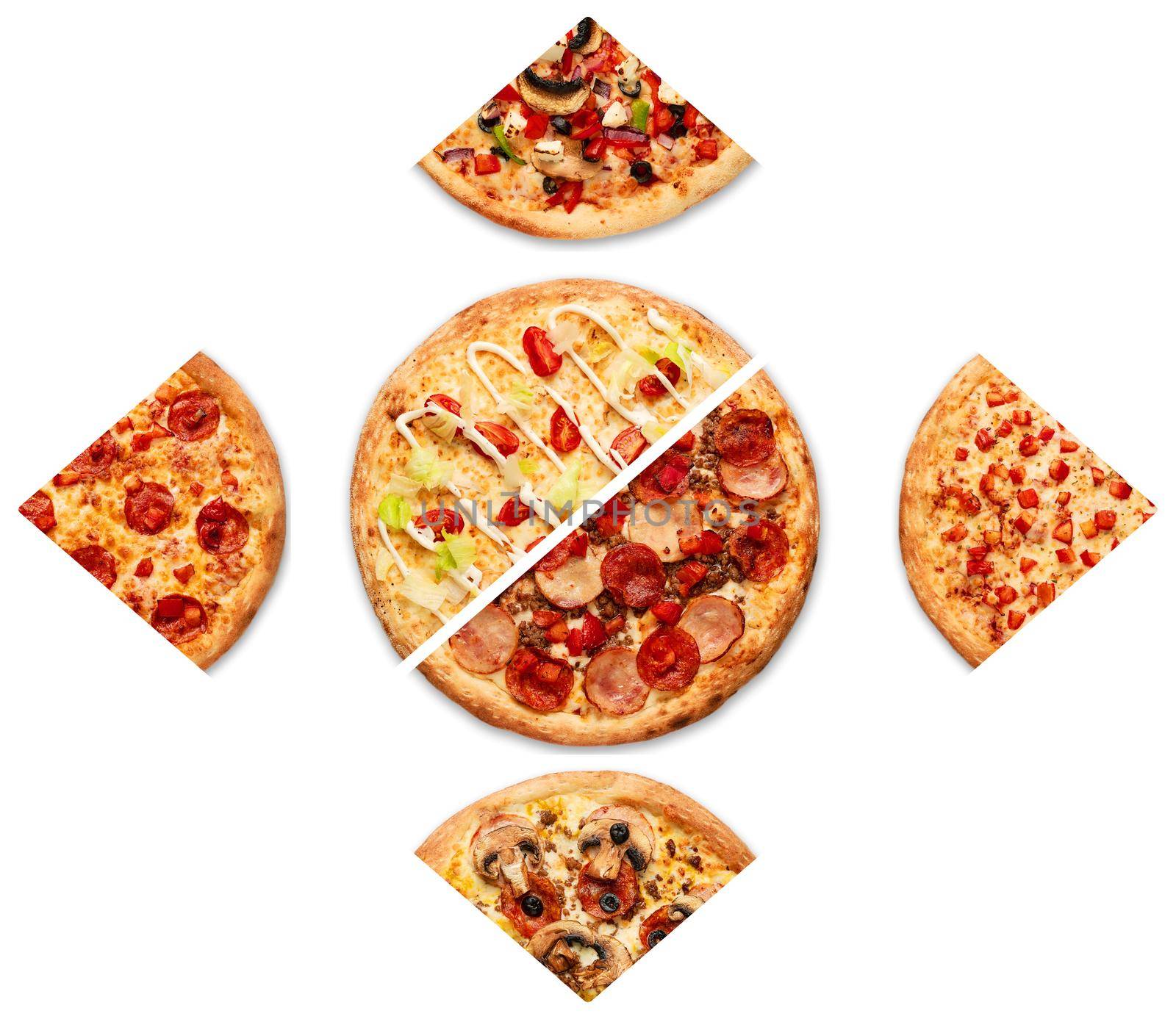 Cut into slices delicious fresh pizza with pepperoni on a white background. Top view . Pizza on the white table. High quality photo