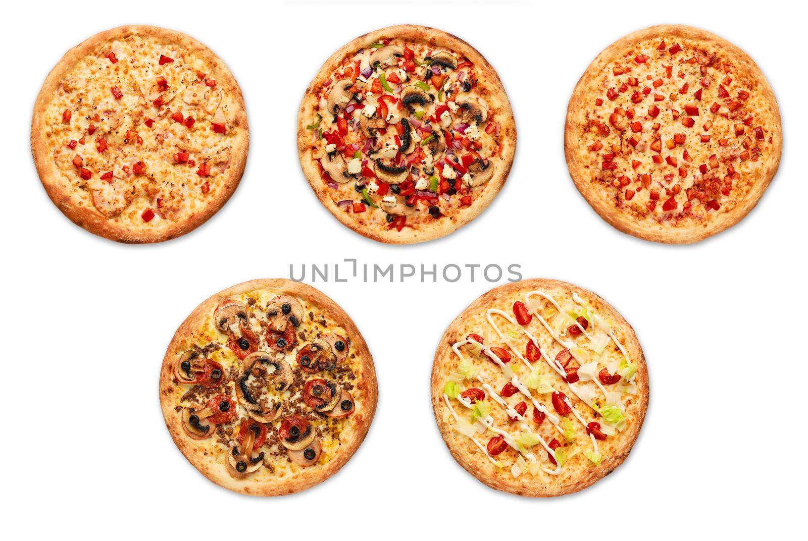 Cut into slices delicious fresh pizza with pepperoni on a white background. Top view. by Xelar