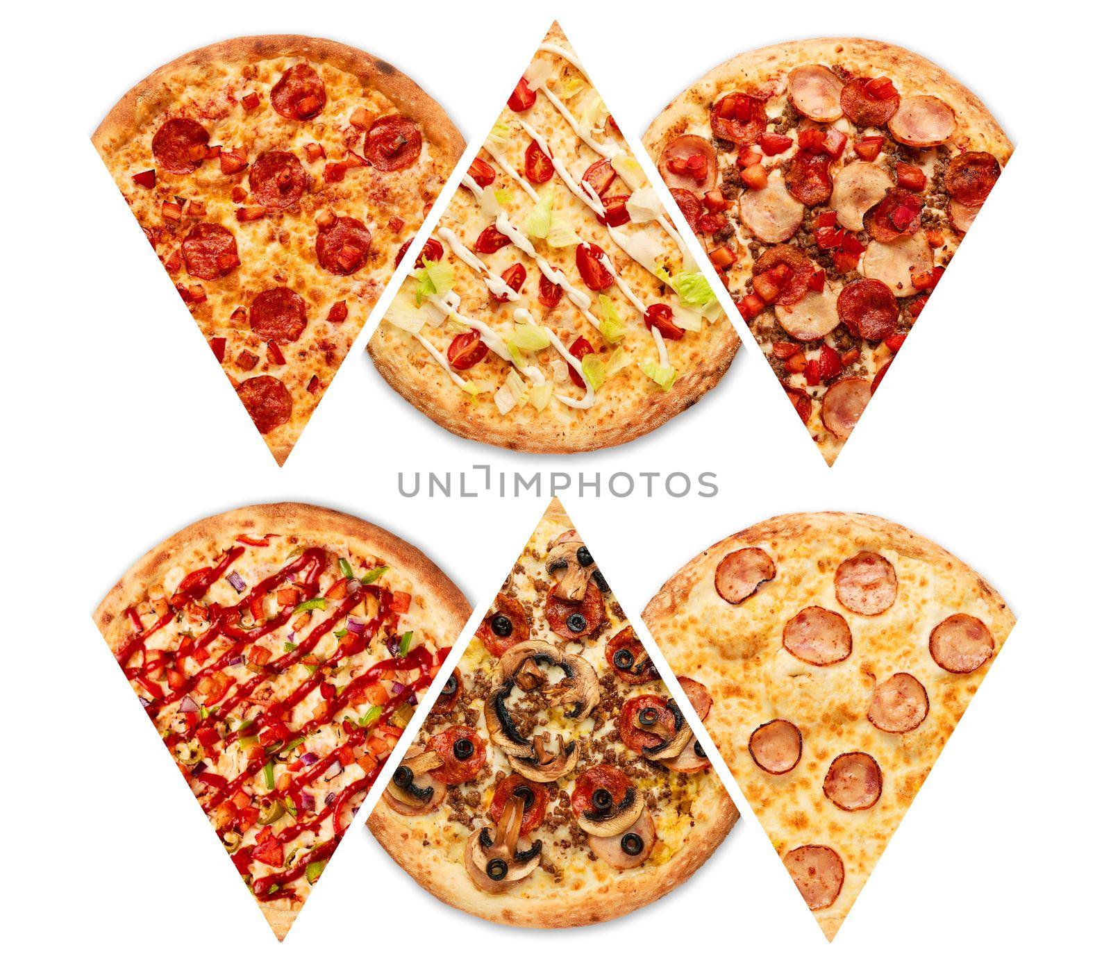 Cut into slices delicious fresh pizza with pepperoni on a white background. Top view by Xelar