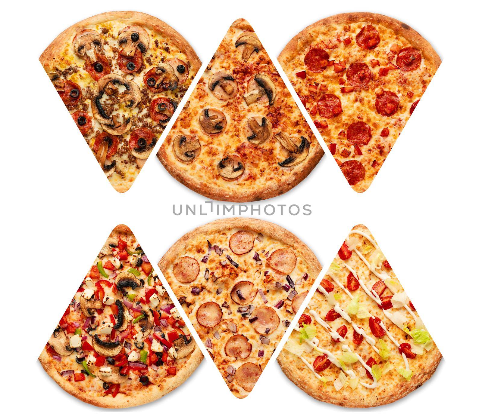 Cut into slices delicious fresh pizza with pepperoni on a white background. Top view by Xelar