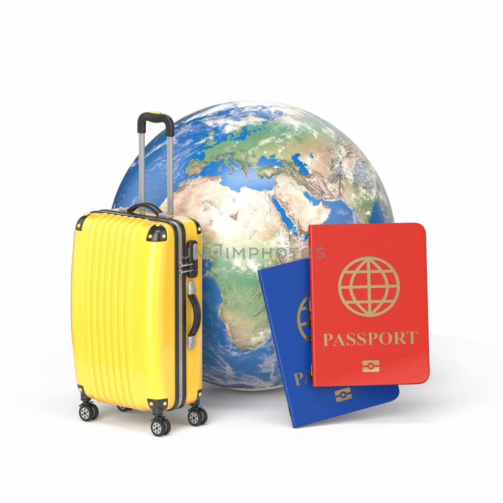 Travel concept, planet Earth with suitcase and passports 3D render illustration isolated on white background Texture of this image furnished by NASA