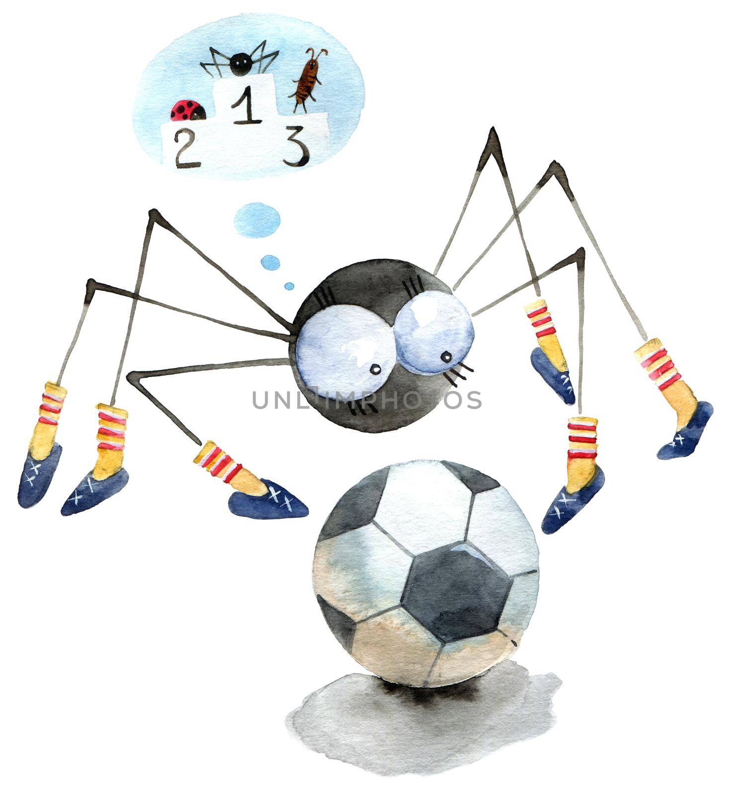 Cute illustration of footballer spyder. Drawing by watercolor on white background.