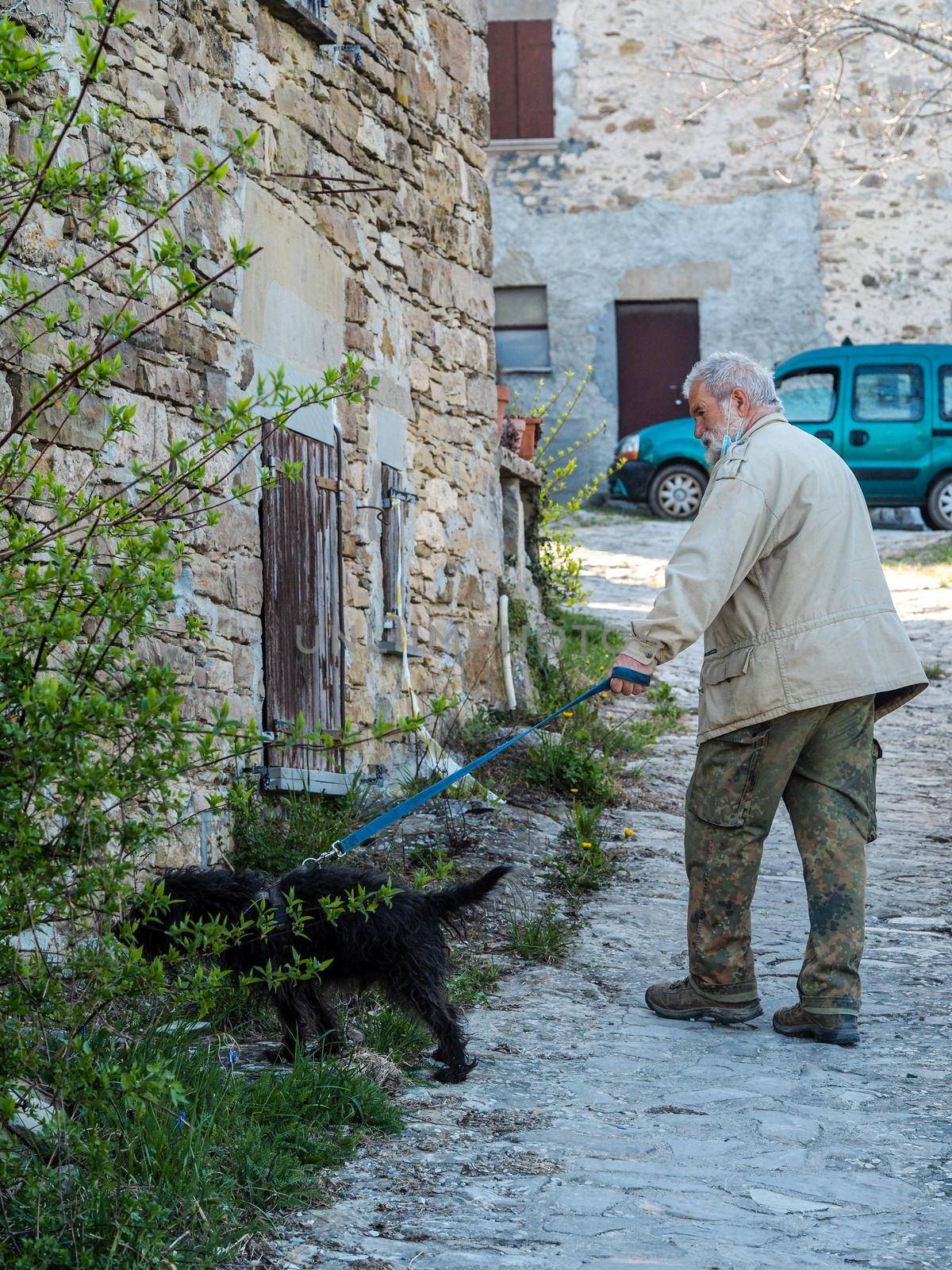 senior man walking the dog in the streets of the village