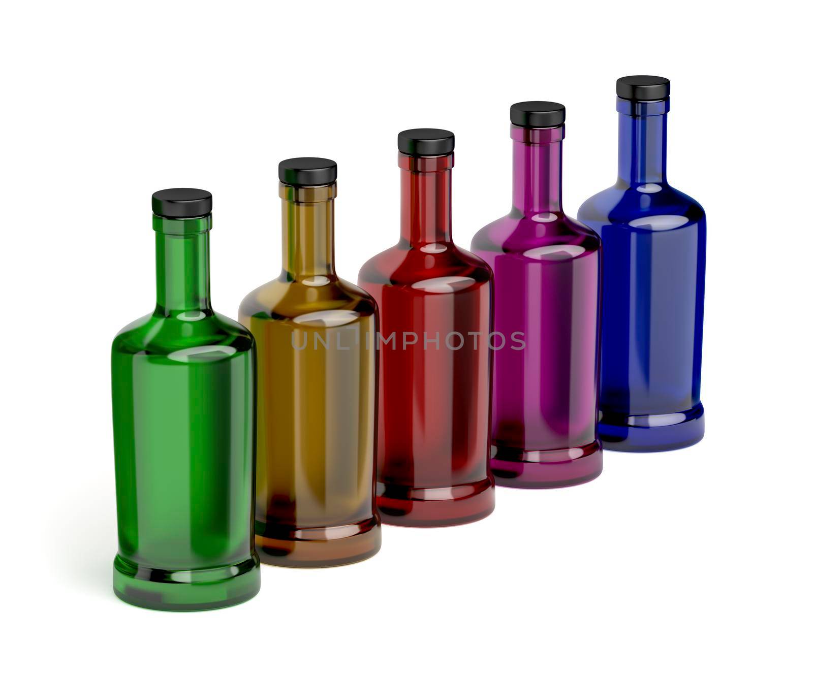 Bottles with different colors on white background