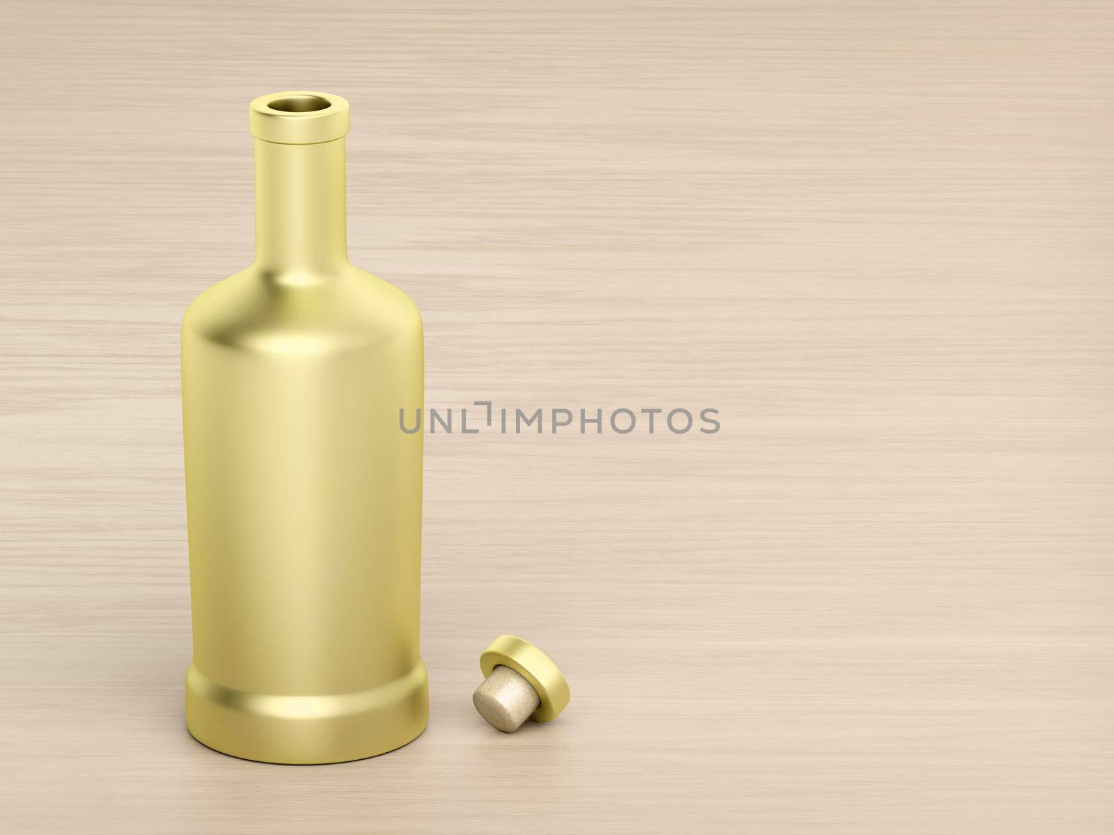 Gold bottle on wood table by magraphics