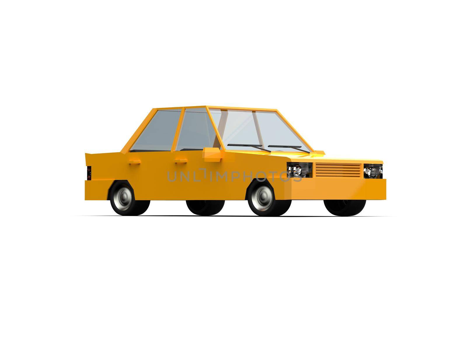 3D llustration Yellow Family Urban Car, Generic City Car Icon, Low Poly Auto Vehicles Transport Concept Isolated on White Background, Taxi, Flat Sedan Symbol, Car Traffic Infographic Template