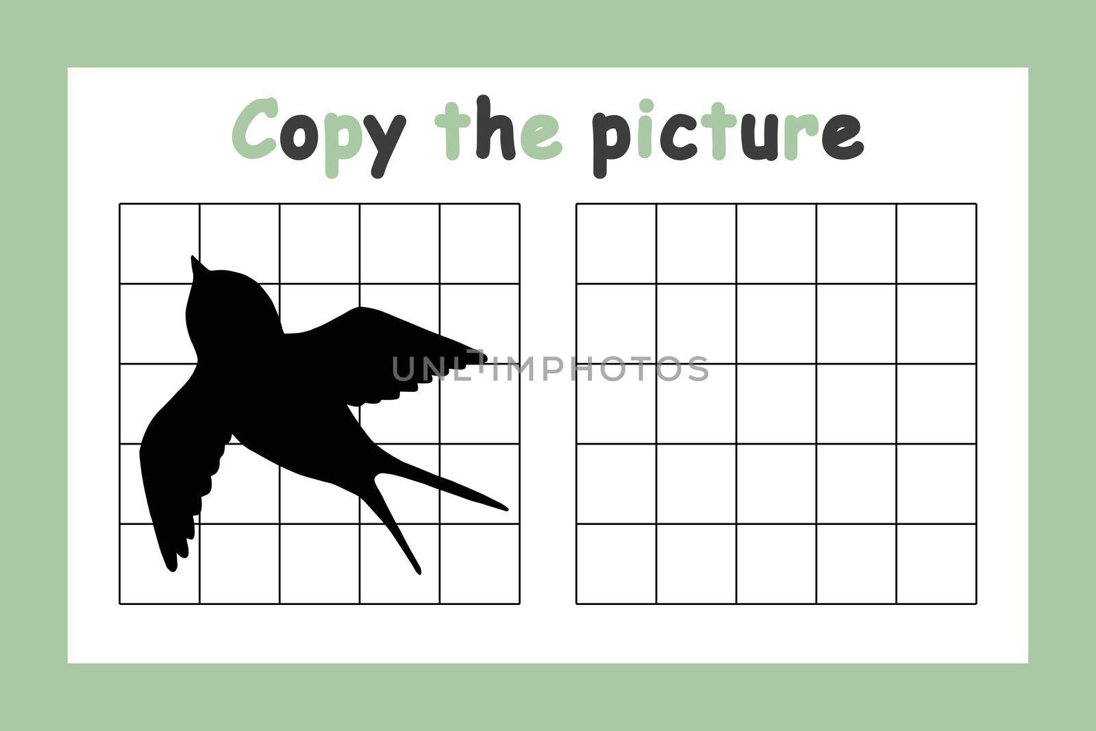 Copy the picture. Educational game for children. Cute swallow. Drawing activity for kids. Colorful vector illustration.
