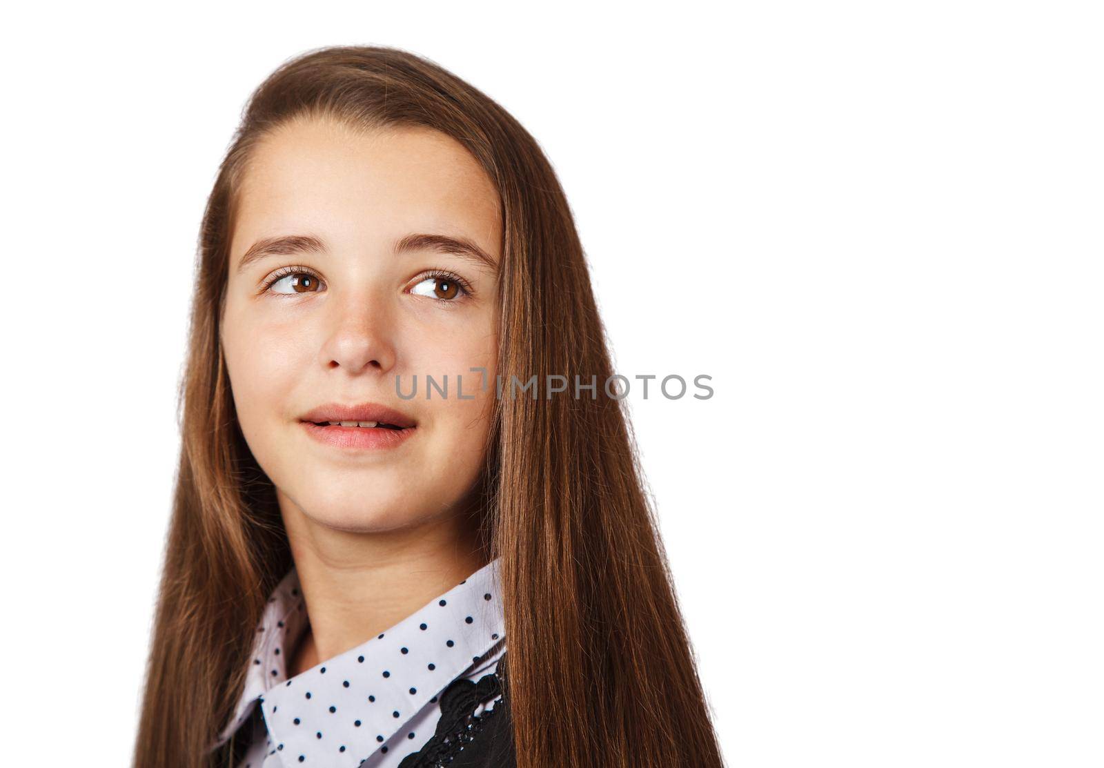 portrait of a brunette teenage girl with long hair isolated on white background