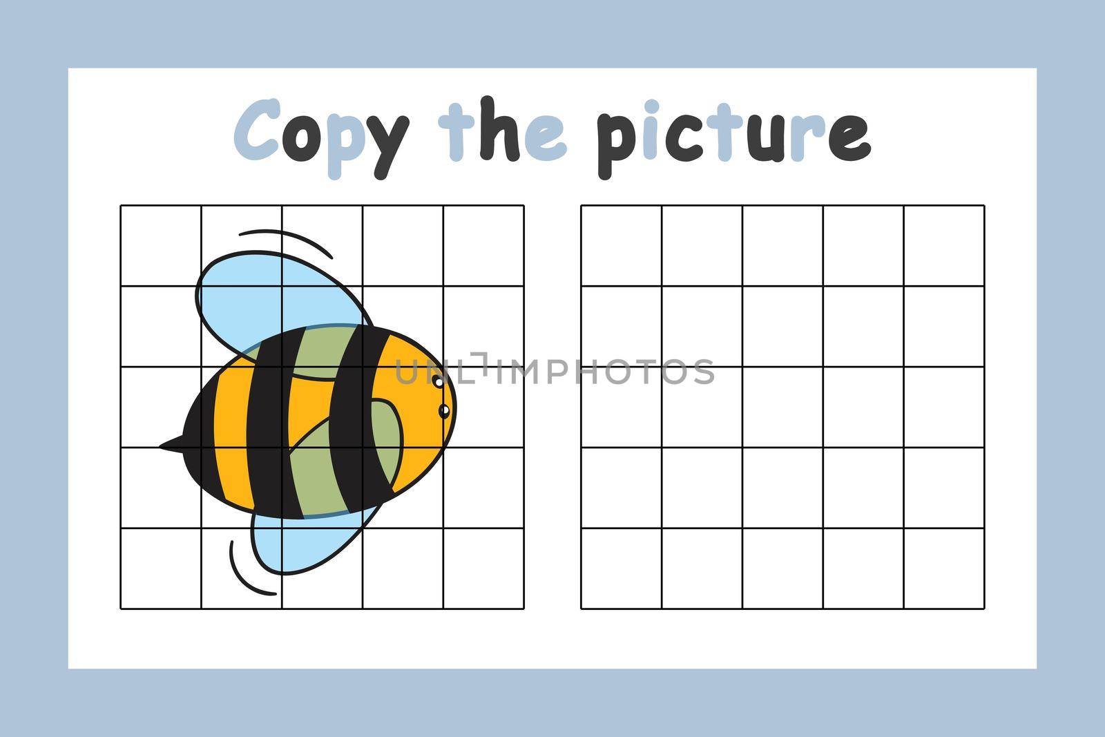 Copy the picture. Educational game for children. Cute bee, wasp. Drawing activity for kids. Colorful vector illustration.