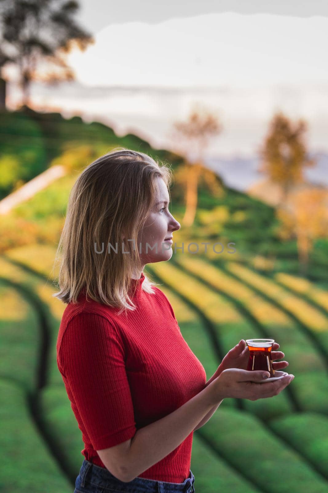 Beautiful lady in a red blouse holding traditional tea cup full with local hot beverage at the tea plantation in Haremtepe Ceceva village, Rize, Turkey.