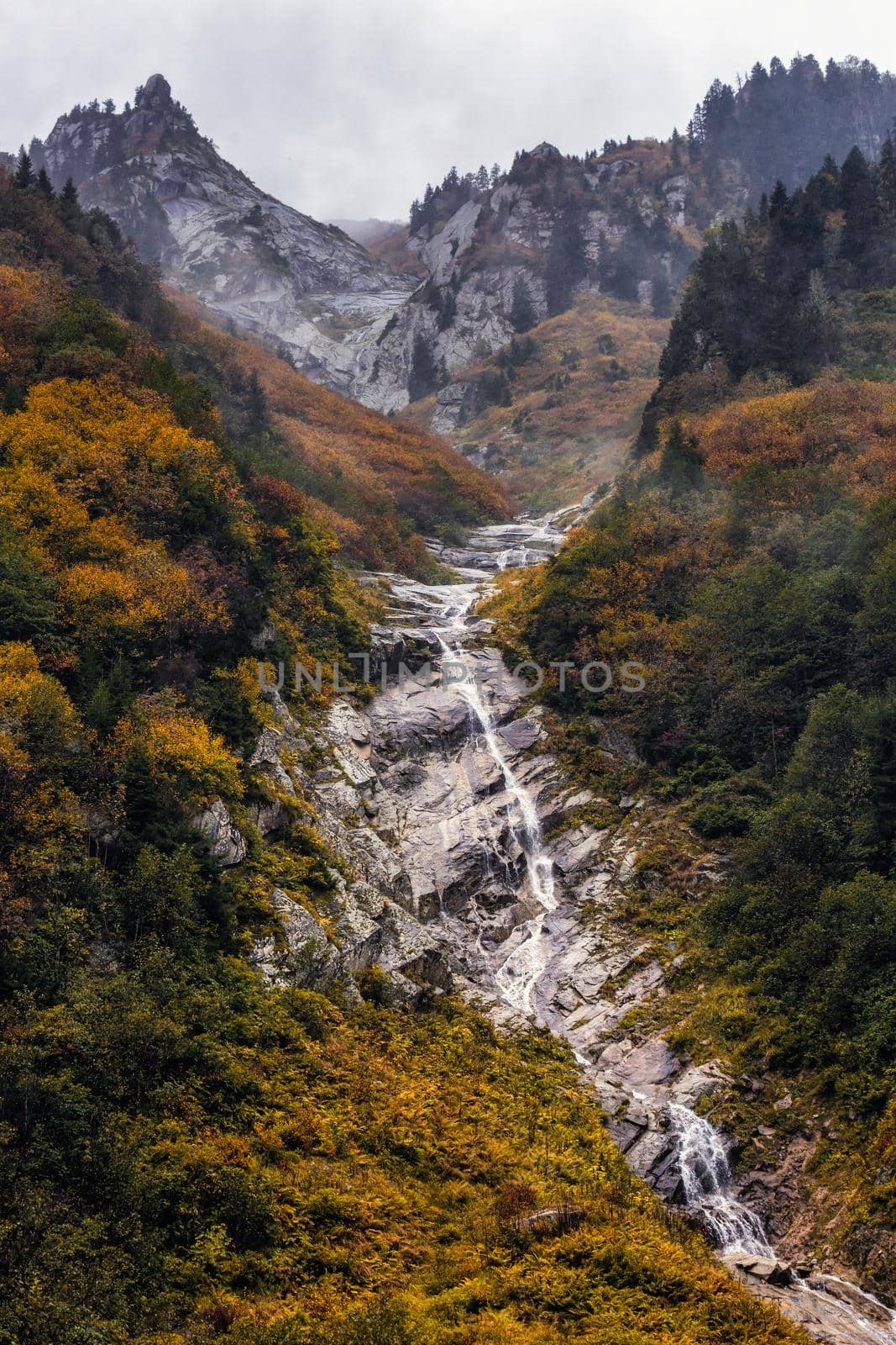 Ayder Plateau Natural Gelintulu Waterfall surrounded by autumn colors near Rize, Turkey.